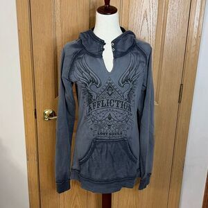 Affliction Women’s Gray Mineral Wash Graphic Hoodie Long Sleeve Pullover Size L